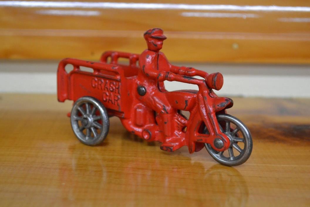 Hubley Cast Iron Crash Car Motorcycle Toy On Steel Wheels Excellent Condition