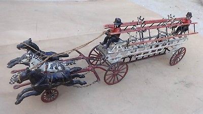 Early IVES CAST IRON 3 HORSE DRAWN FIRE LADDER WAGON Original Vintage large toy