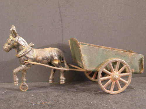 ~Antique Harris Cast Iron Animal Horse Drawn Wagon Farm Donkey Cart Arcade Toy~