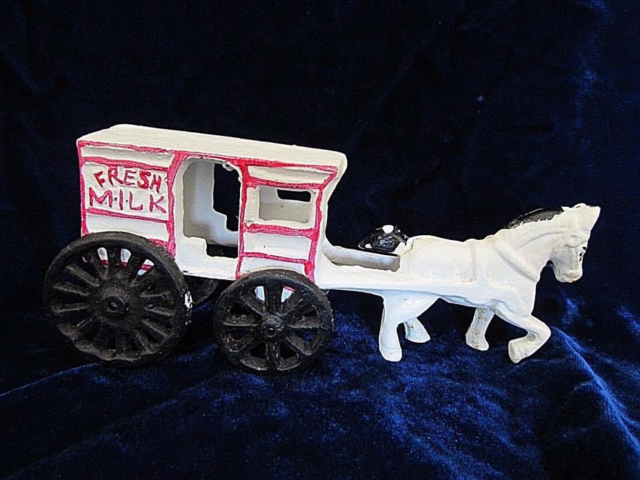 Vintage Cast Iron Toy Horse Drawn White Milk Wagon 7.5