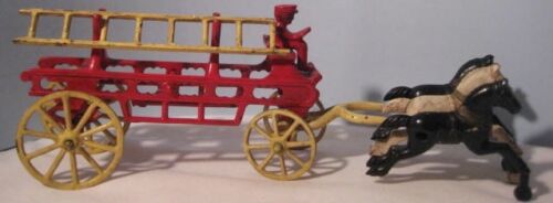 Old Kenton Cast Iron Horse Drawn Fire Ladder Truck w/Spoke Wheels w/ 3 Horses