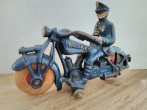 Vintage Champion Cast Iron Police Motorcycle Toy 1930's White Rubber Tires