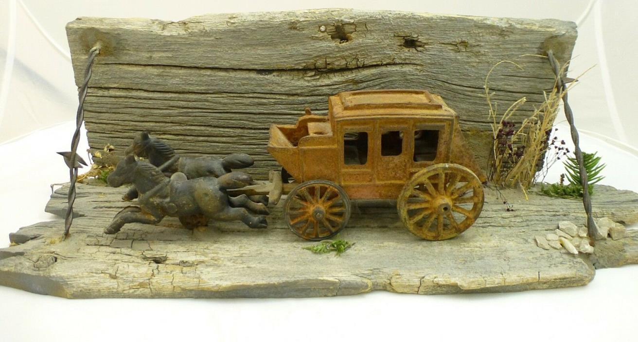 Antique Cast Iron Stagecoach Diorama Western Scene Vintage