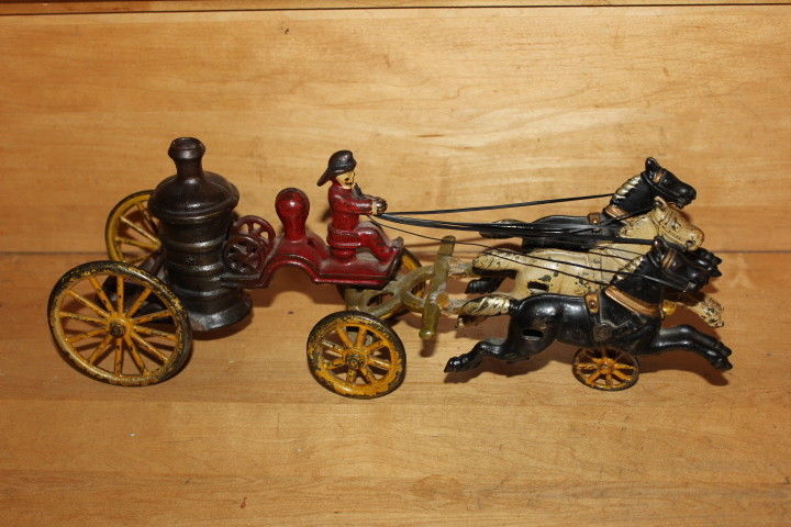 Antique Cast Iron Horse Drawn Fire Wagon Truck 3 Horses-Orig. Paint-REAL!