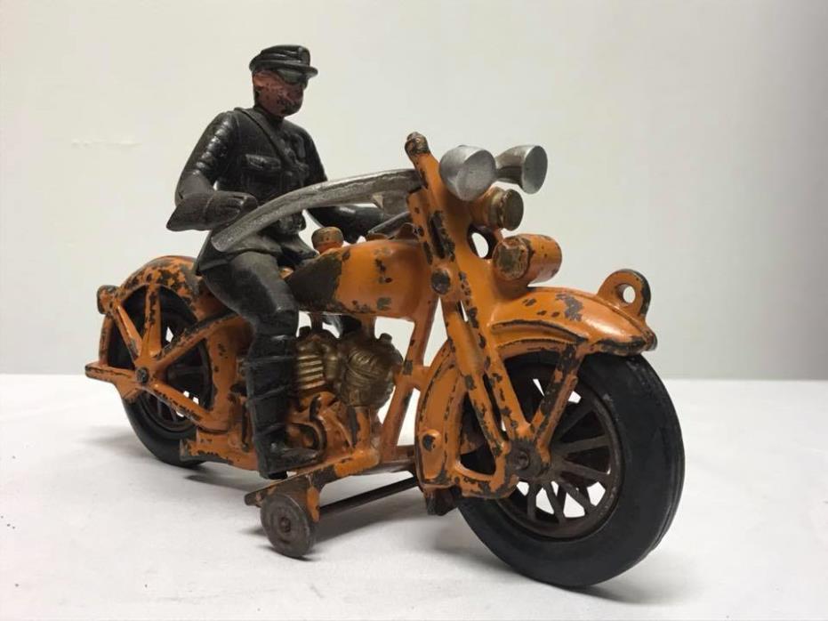 Antique Cast Iron Hubley Harley Davidson Orange Motorcycle