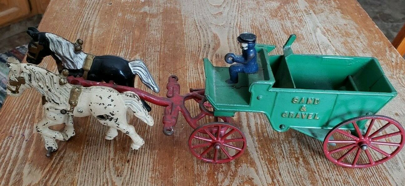 1930s Kenton Cast Iron 2-Horse Drawn Sand & Gravel Dump Wagon With Driver-PARTS