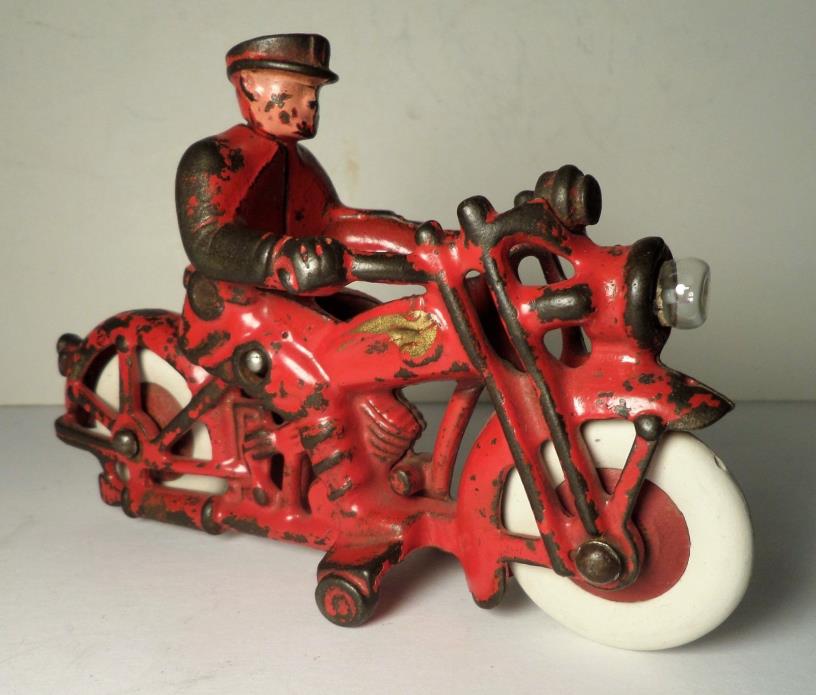 Hubley Cast Iron Red Motorcycle w/ Driver & Electric Light Bulb Head Light Toy