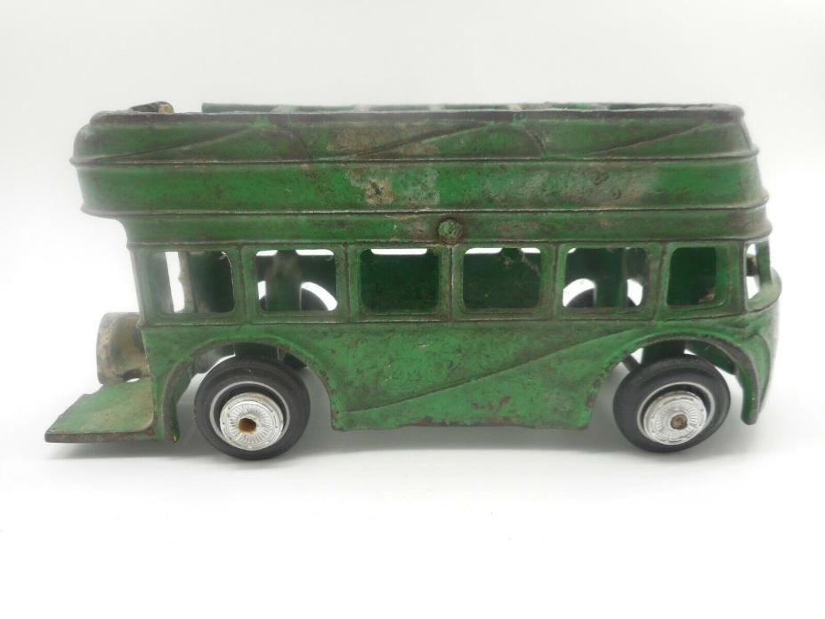 Vintage Original 1930s Cast Iron ARCADE Green DOUBLE DECKER Toy City Bus