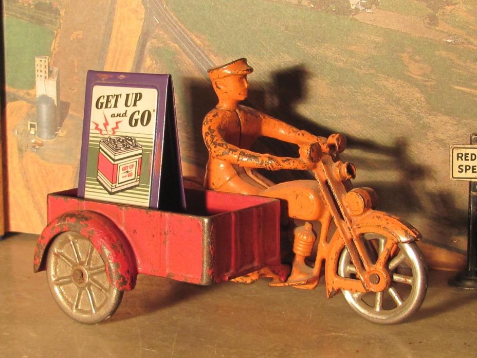 Rarest  Kilgore 1927 orange - red  Cast Iron Clicker Motorcycle * Cargo Side Car