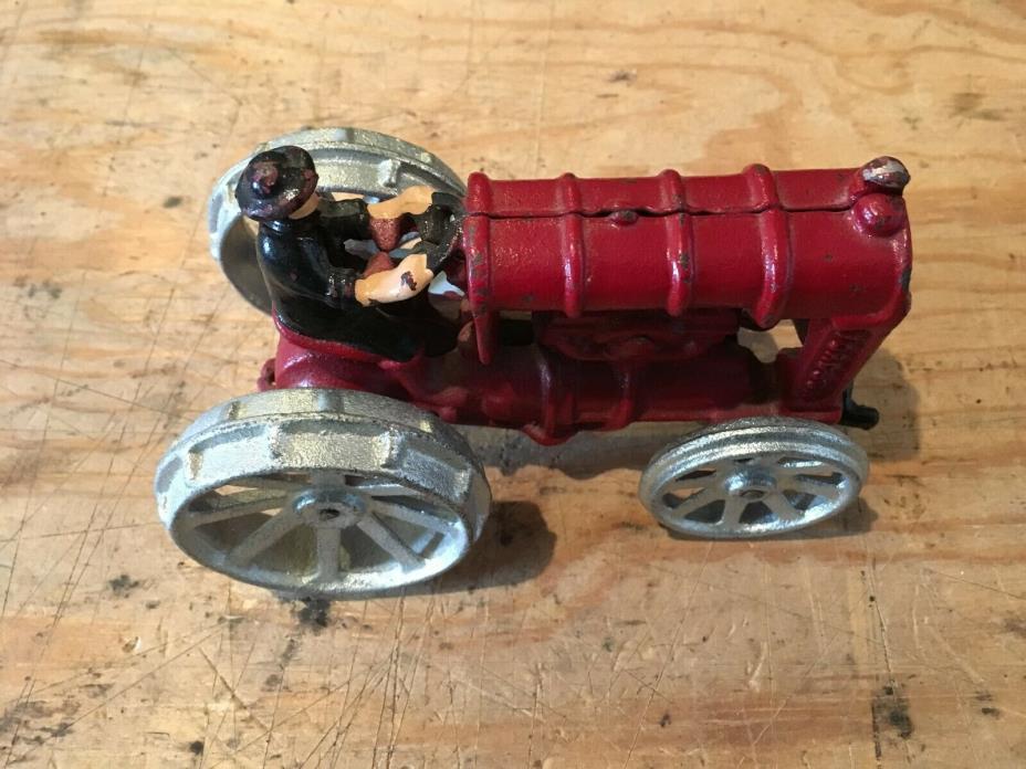 Vintage Fordson Cast Iron Tractor Red with Silver Wheels and Driver