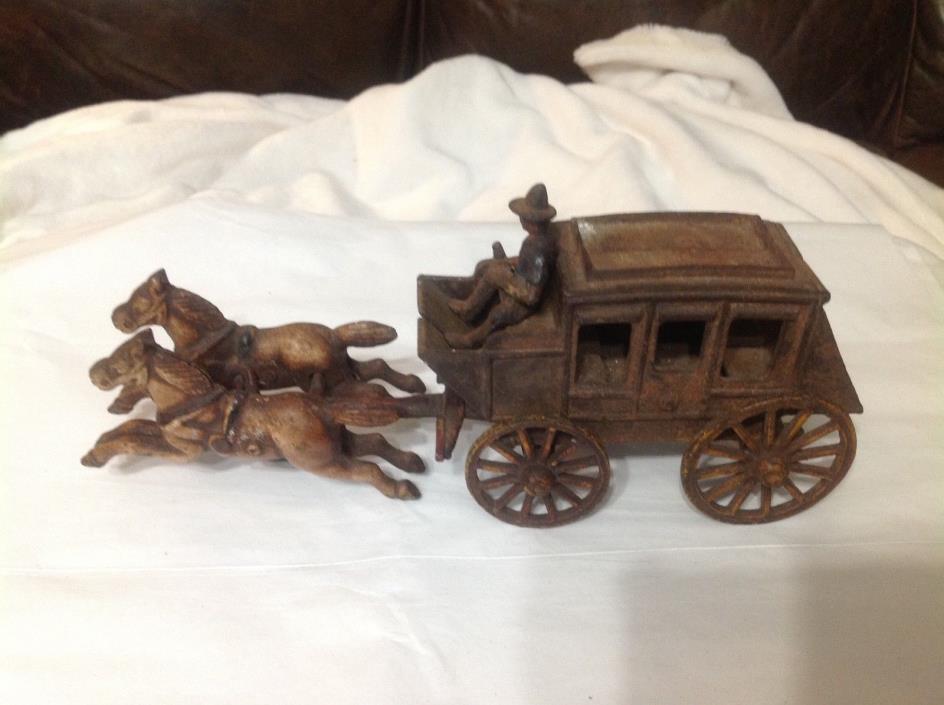 Antique Cast Western Stagecoach wth Driver & two horses