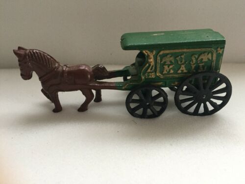 Vintage Cast Iron Horse Drawn U.S. Mail Wagon Old Metal Toy 7.5” Long X 3” Tall