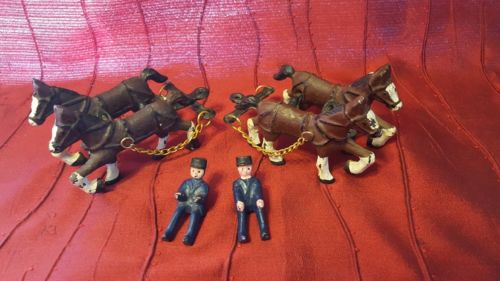 Vintage Antique Cast Iron Horses for Pulling Wagon  & 2 Drivers for Horse Drawn