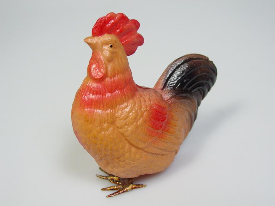 Celluloid Chicken toy with metal feet 1930 Vintage Farm animal putz decoration