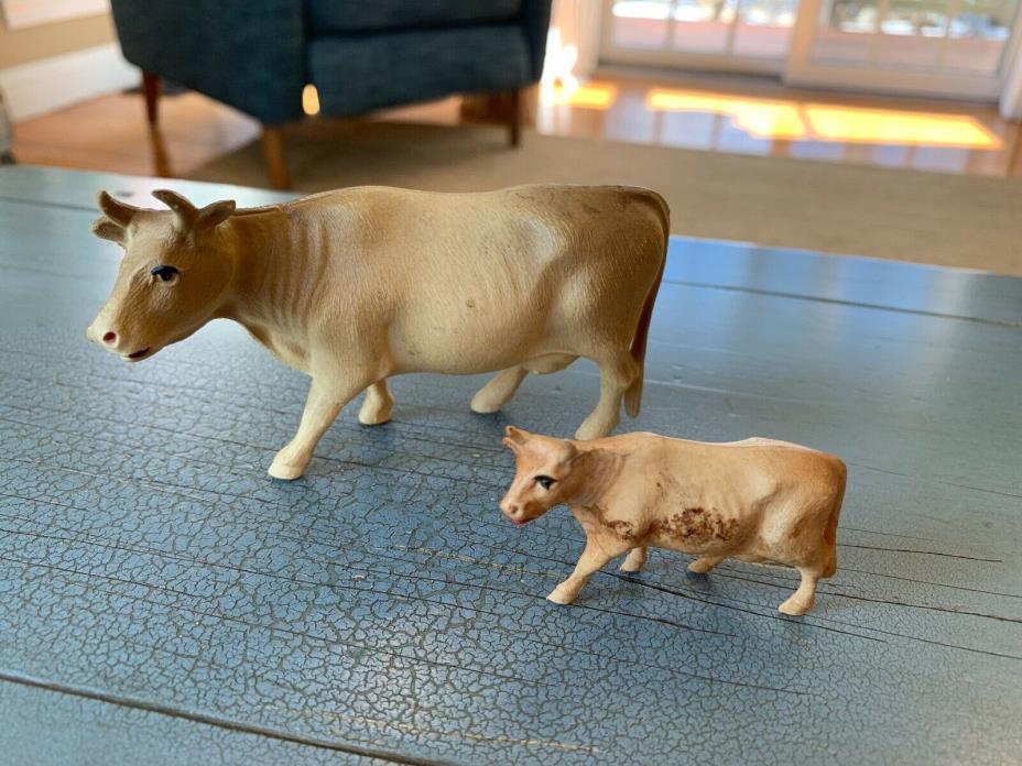 2 Brown Celluloid Antique Cows Vintage USA Toy