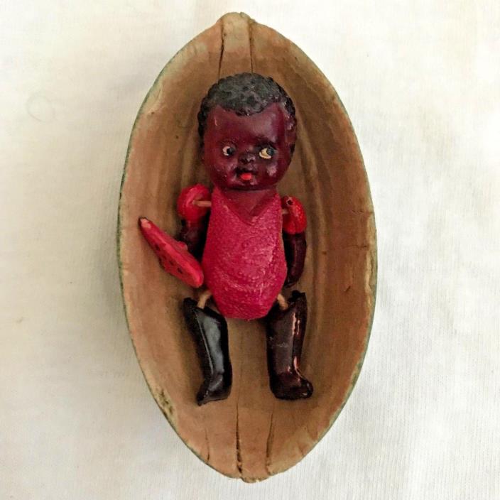 Rare Old  BLACK AMERICANA  CELLULOID Baby DOLL in Watermelon Egg JAPAN