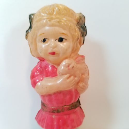 Girl Holding Bunny Antique Celluloid Toy Doll Easter Rabbit