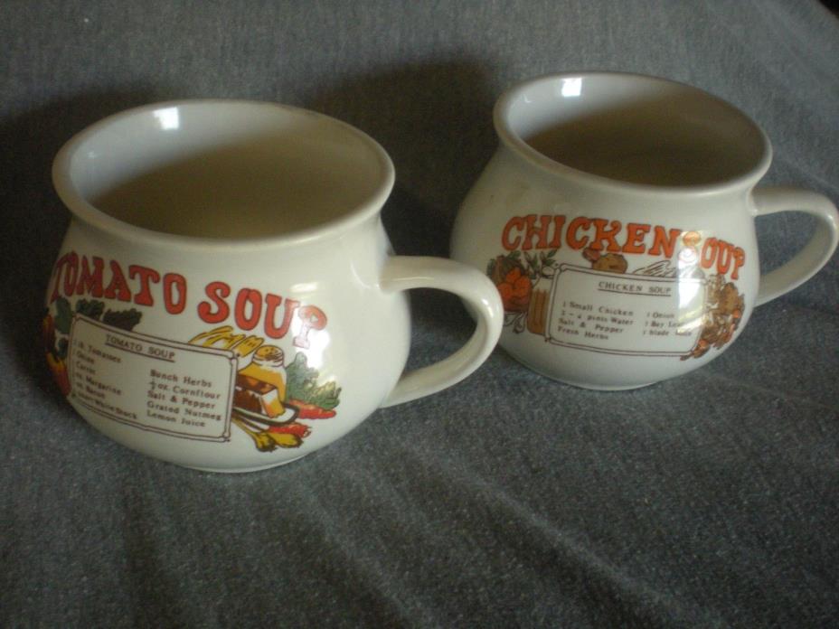 Lot of 2 Vintage Soup Bowls/Cups 1 Chicken, 1 Tomato With Recipes Painted on Cup
