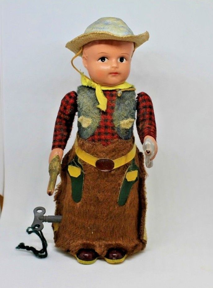 Little Vintage Celluloid Cowboy Doll Complete With Wind Up Key - Working, Rare