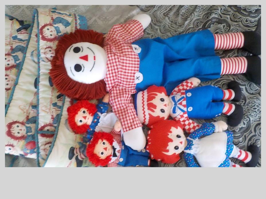 Vintage Raggedy Andy & Anne Lot Stuffed Dolls Baby Bedding Crib Bumper
