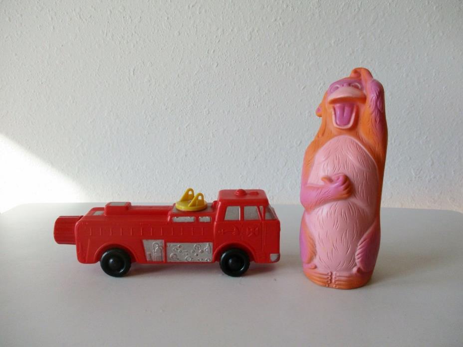 Vintage 1960's Soaky Speed Toy Fire Truck & Gorilla Soaky Bottle Cover