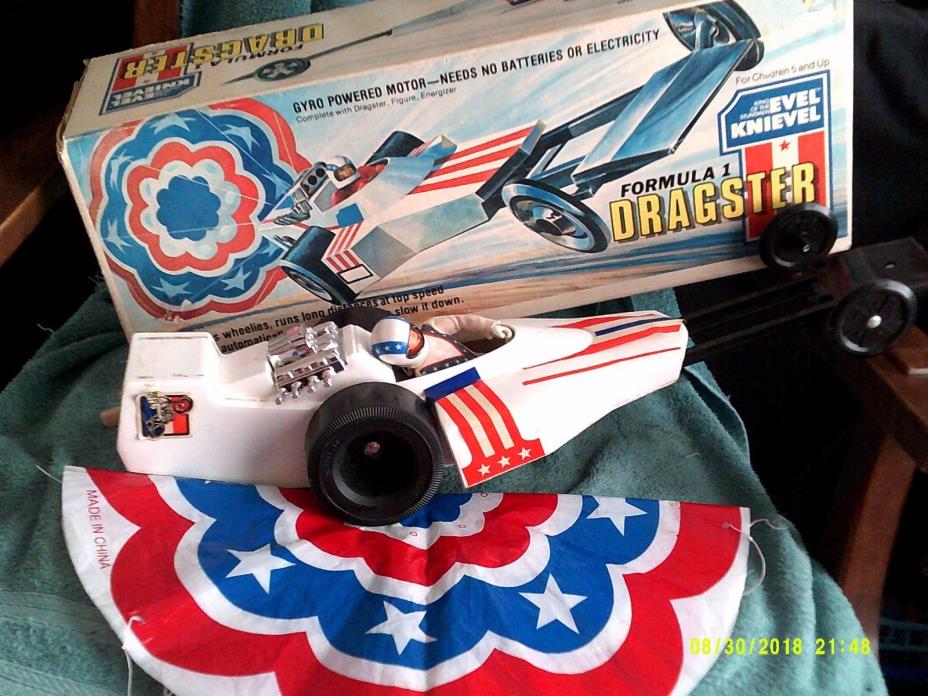 EVEL KNIEVEL  DRAGSTER & ACTION FIGURE. TOY WITH ORIGINAL BOX IDEAL 1970s