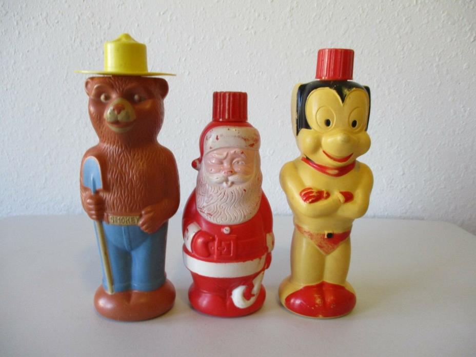 3 Vintage 1960's Soaky Bubble Bottles- Smokey Bear, Mighty Mouse, Santa Clause