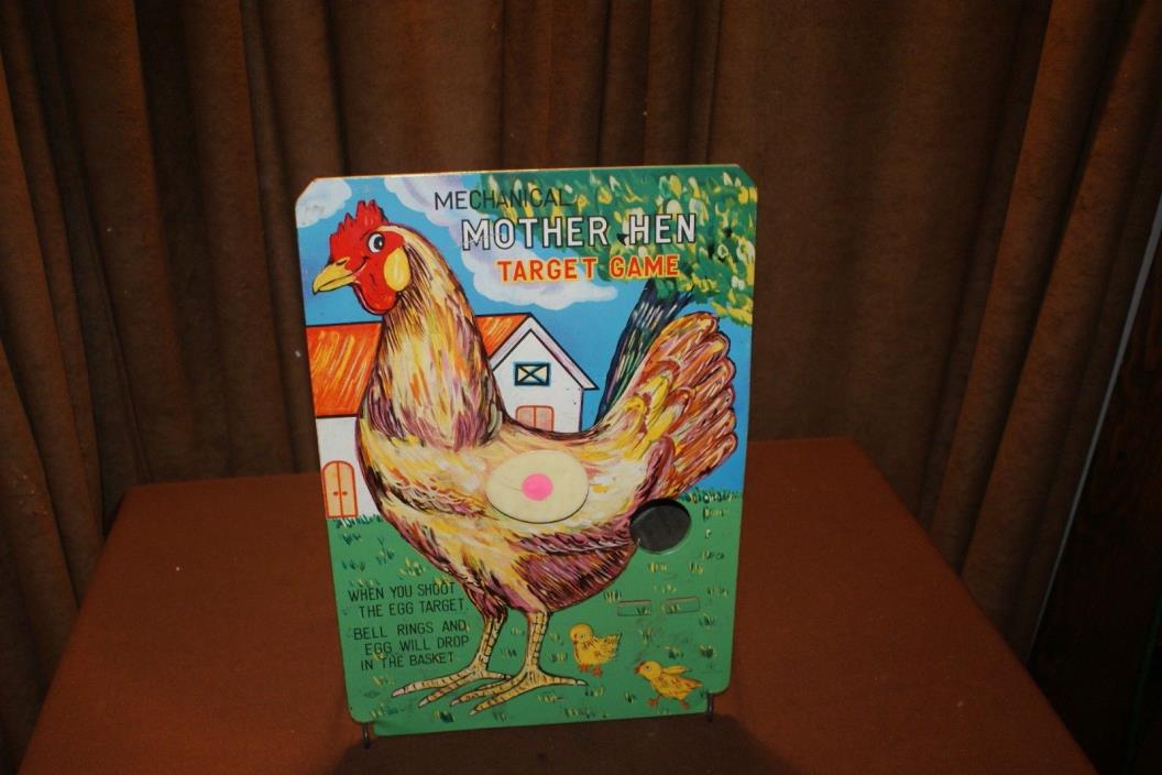 Vintage Mechanical Tin Litho Mother Hen Target Game Board Toy Sign Chicken