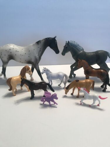 Horses Lot Of 9 Toy Play Set Plastic Black Brown White Gray Unicorns