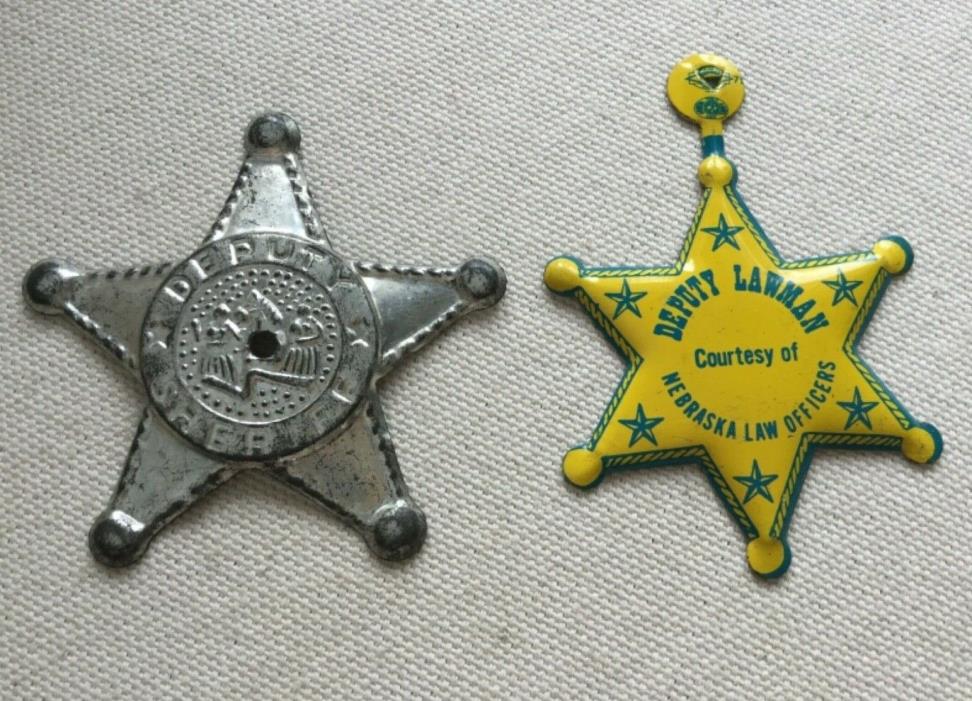 Lot 2 Vintage Toy Deputy Sheriff & Lawman Badges - Tin & Tin Litho (Nebraska)