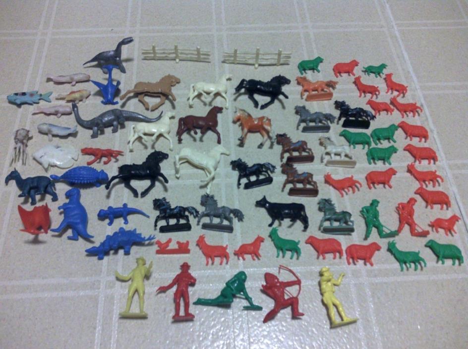 lot of vintage plastic figures dinosaurs,farm animals,horses,fish,cowboys,indian