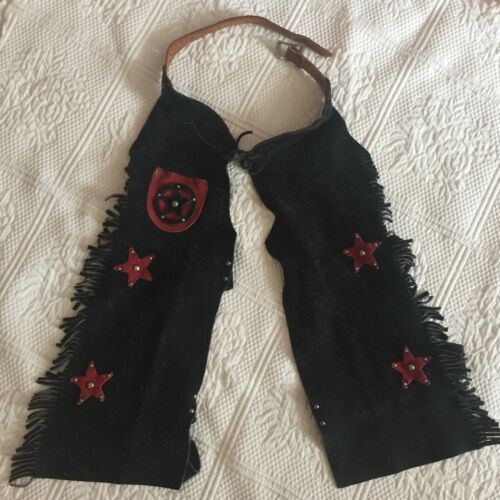 Vintage Leather Boys Black Red Stars Studded Western Cowboy Chaps Fringe