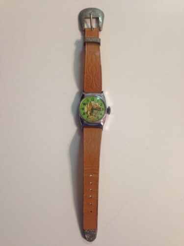 VINTAGE 1950'S ROY ROGERS AND TRIGGER YOUTH WRIST WATCH TOOLED LEATHER BAND