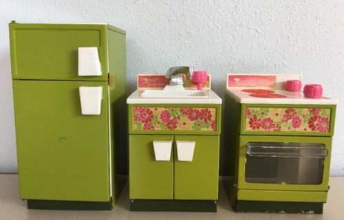 VTG Tin Toy 1950s KITCHEN  REFRIGERATOR BUDDY L STOVE SINK BARBIE Avocado Pink