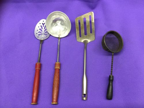 4 Vintage Children’s Aluminum And Wood Play Baking And Cooking Utensils