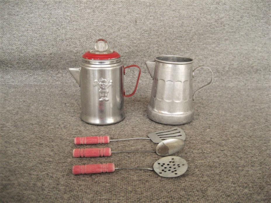 VINTAGE METAL ALUMINUM CHILDS TOY COFFEE POT COOKING UTENSILS ETC