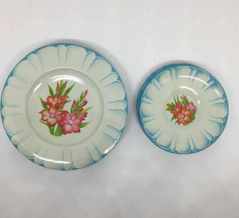 Vintage Childs Tin Dishes 6 Plates 6 Saucers Blue White with Red Flowers
