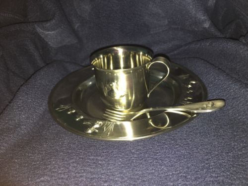 Vintage Child’s Stainless Steel Plate Cup and Fork with Duck Decoration