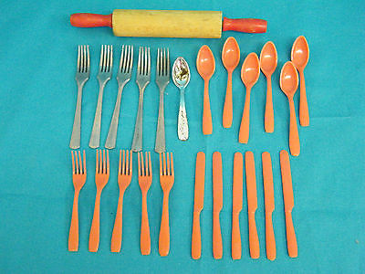 Vintage Childs Mixed Lot Of Toy Play Silverware & Wooden Rolling Pin