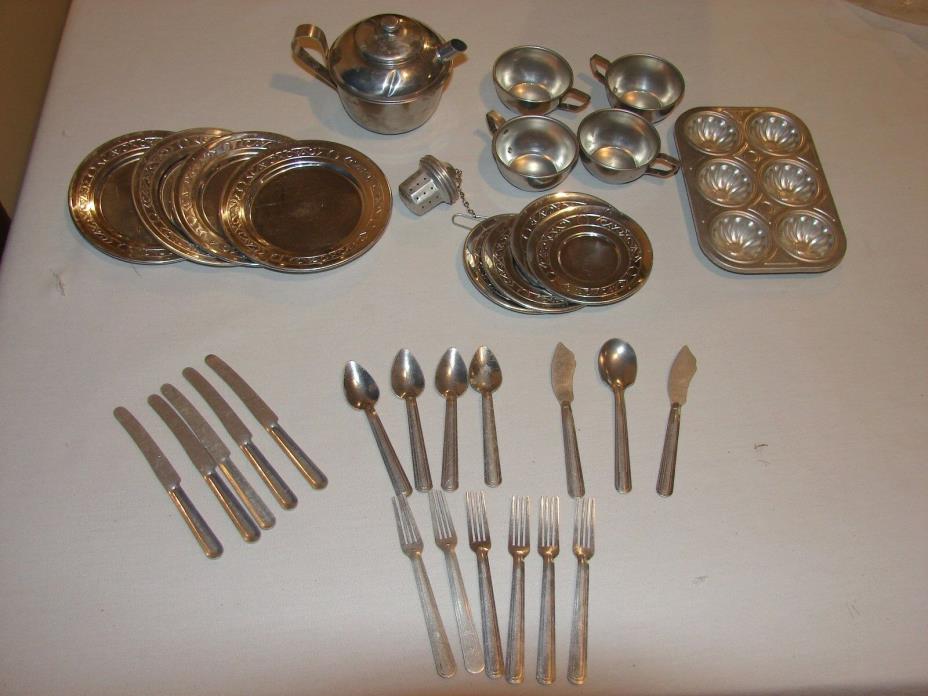 Vintage Child Aluminum Tin Dish Set, TeaPot silverware dishes cups baking tin