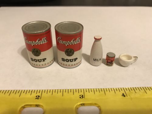 Vintage Miniature Toy Plastic Campbells Soup Cans, Milk Bottle, Milk Can