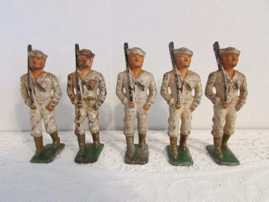 Vintage Grey Iron Lead Toy Soldiers 5 Marching Sailors in White Uniforms