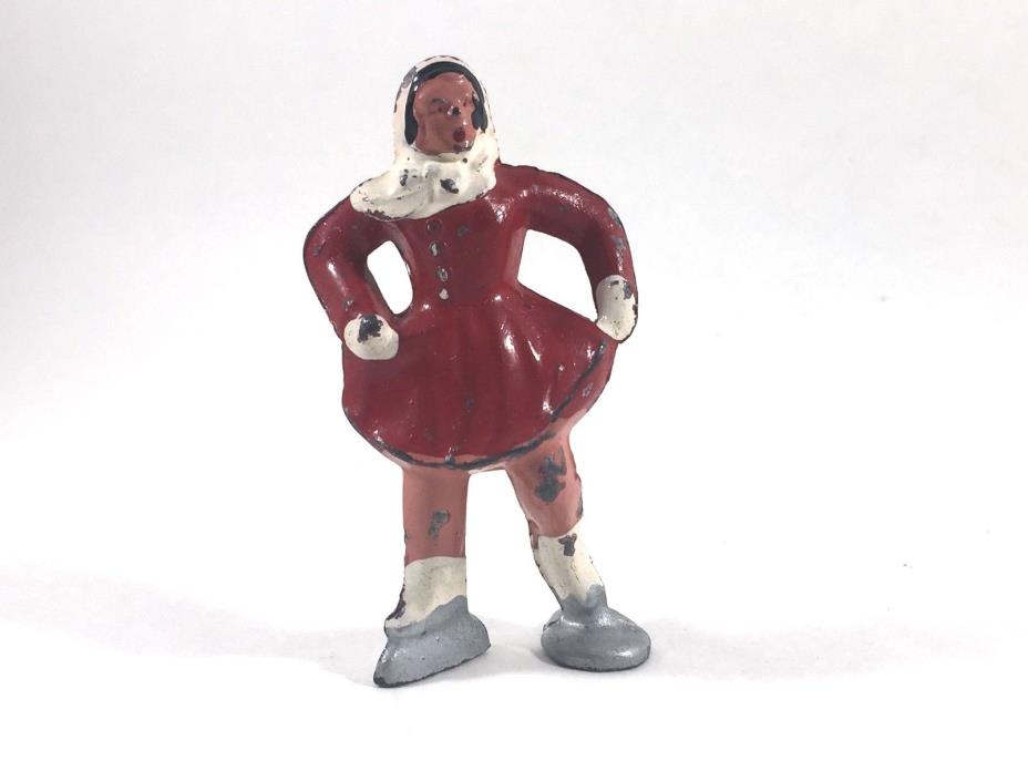 Vintage Barclay Lead Winter Girl Woman Red Ice Skater Skating Metal Toy Figure