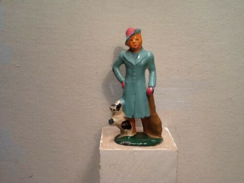 Vintage Barclay lead lady. Blue outfit, black and white dog. 3