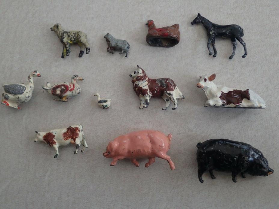 Vtg Lead Farm Animals Toy Lot Old Metal Chickens Cows Duck Dog  BRITAINS England