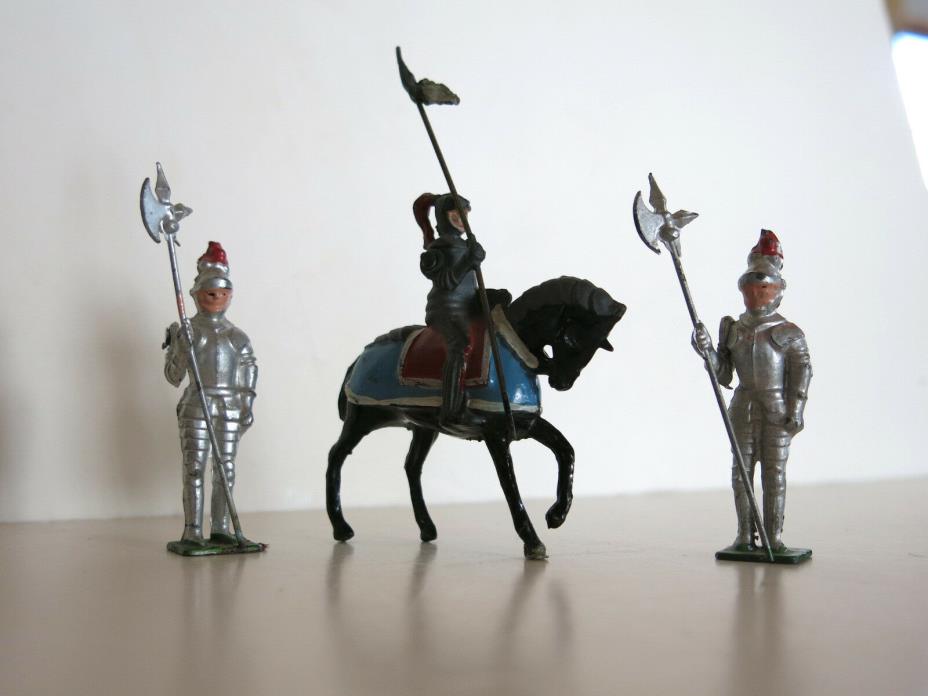 Vintage Britains Lead Knight On Horse & Two Armored Foot Soldiers Set