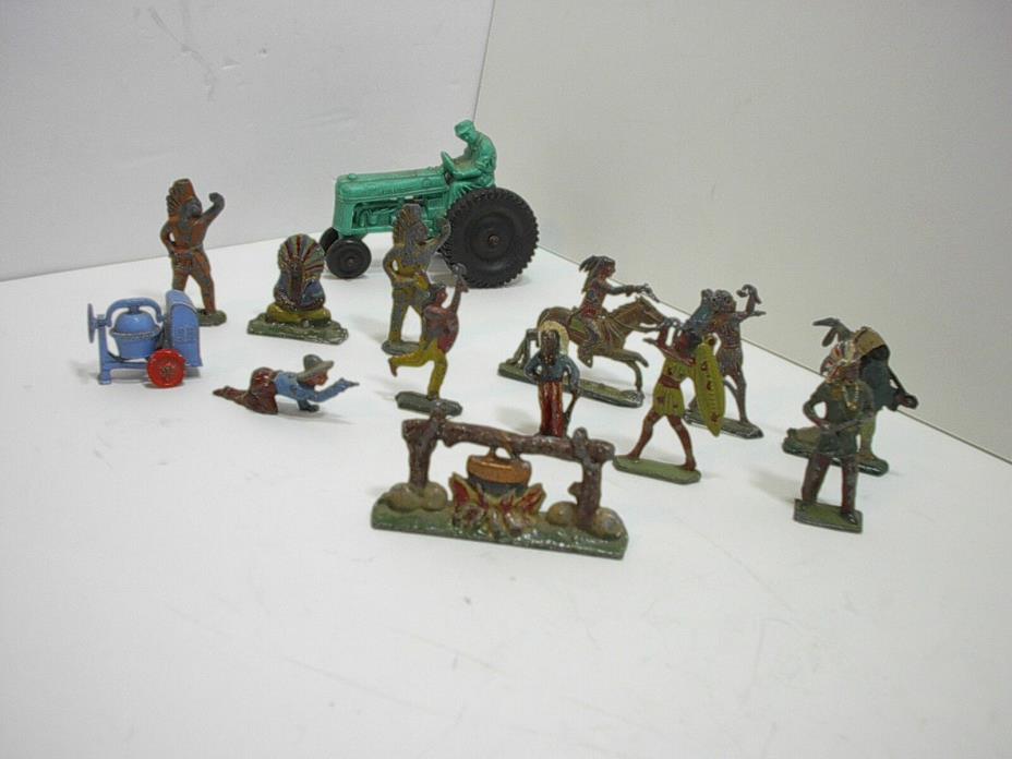 LOT Vintage Lead Toy Cowboy Indian Rubber Tractor Metal Cement Mixer Lot