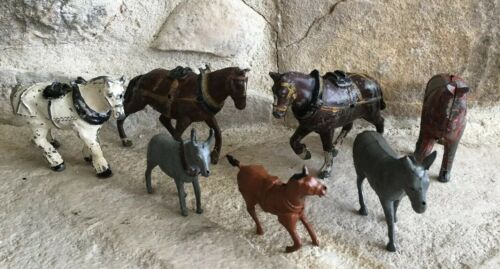 7 Vintage Miniature Lead Farm Cart Horses & Donkey Figures