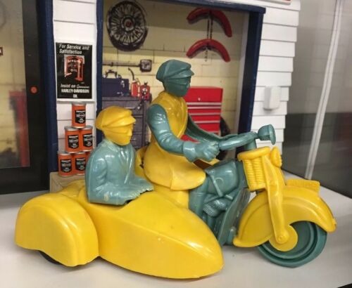 Antique Nesco Motorcycle Toy RARE! Harley Indian sidecar blue & yellow MINT!