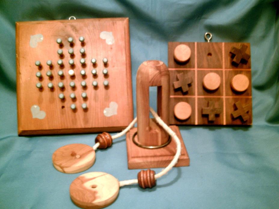LOT OF 3 Hand Crafted Vintage Wooden Mind Puzzles Challenge Games Ring & Rope